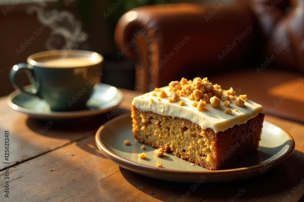 A delightful slice of cake, topped with creamy frosting and crunchy nuts, sits on a plate next to a cup of steaming coffee on a wooden table in warm sunlight. A delightful slice of cake, topped with creamy frosting and crunchy nuts, sits on a plate next to a cup of steaming coffee on a wooden table in warm sunlight.