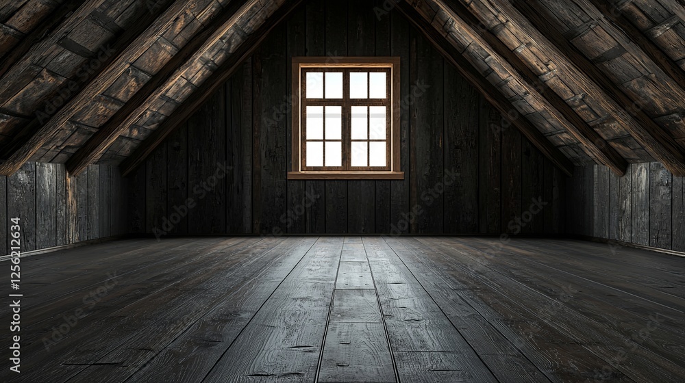 A spacious and empty attic with dark wooden beams and floor, featuring a large window that allows natural light to illuminate the space. A spacious and empty attic with dark wooden beams and floor, featuring a large window that allows natural light to illuminate the space.
