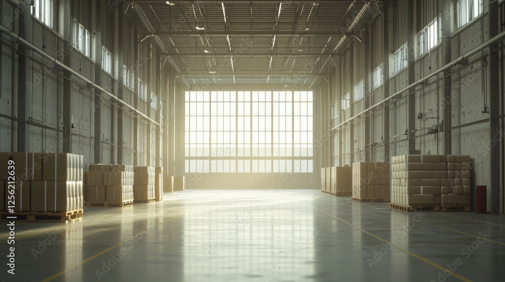 Sunlit Warehouse Interior with Stacked Boxes and Empty Space Sunlit Warehouse Interior with Stacked Boxes and Empty Space