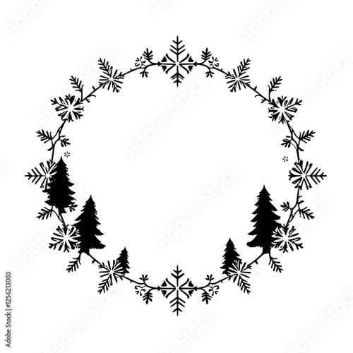Snowflakes and pine trees in a wintery black and white wreath frame on a white background.