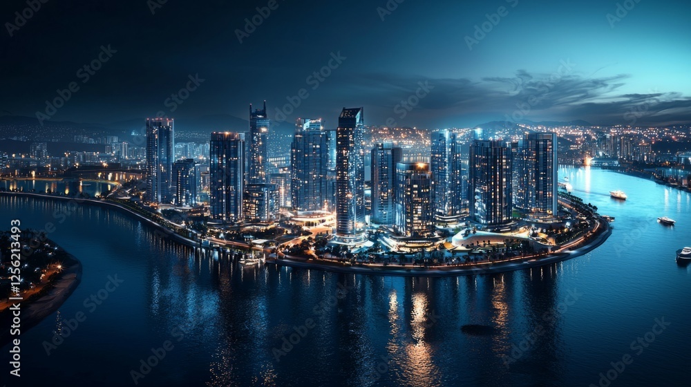 Obraz premium Nighttime Urban Landscape with Skyscrapers and River Reflection