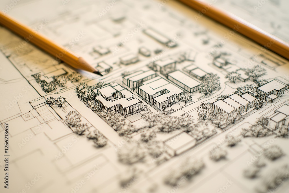 Hand drawing of Urban planning sketch highlighting sustainable, A person sketches a detailed cityscape on paper, showcasing buildings and streets with focused concentration. Hand drawing of Urban planning sketch highlighting sustainable, A person sketches a detailed cityscape on paper, showcasing buildings and streets with focused concentration.