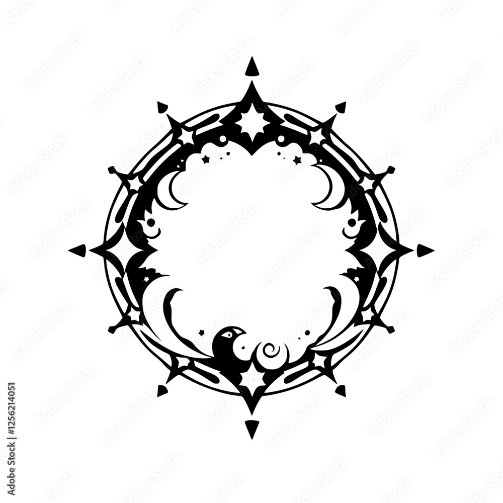 Fototapeta premium Celestial Black & White Circular Frame with Stars, Moons and Otherworldly Embellishments.