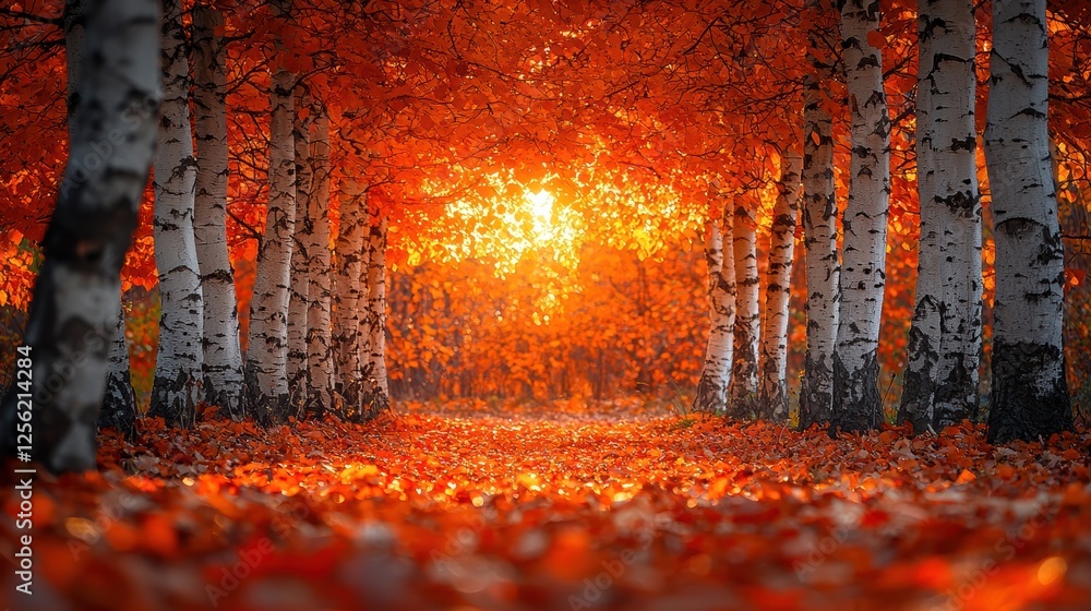 Fototapeta premium A serene autumn landscape with vibrant orange leaves and birch trees.