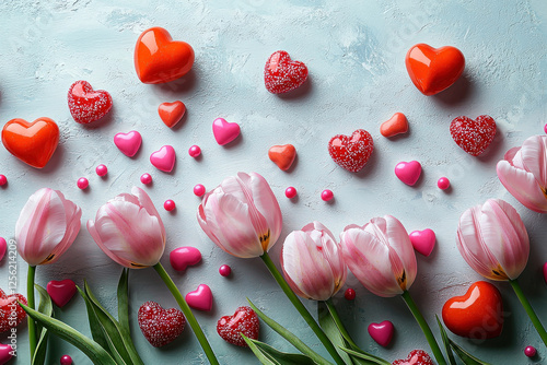 Pink tulips and heart candies on blue for Valentine's Day