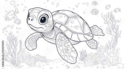 Cute sea turtle coloring page underwater scene (1) photo