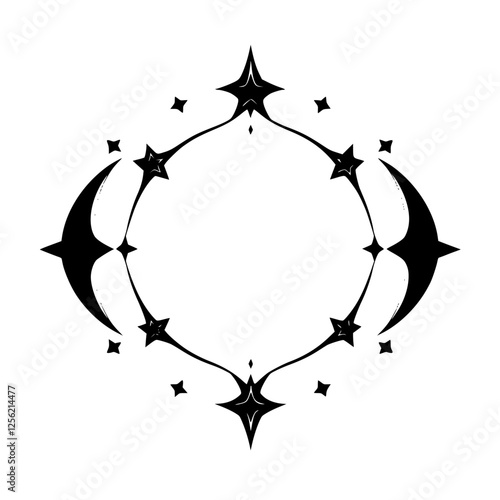 Title: Swirl arrangement of a minimalist design with stars framed by stylized, symmetrical arrangement
 of stars, creating a circular arrangement of stars and other elements.

Keywords and 
stars:
orn