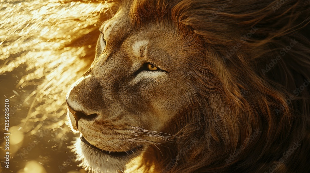 Fototapeta premium Majestic Lion with Flowing Mane Illuminated by Golden Light