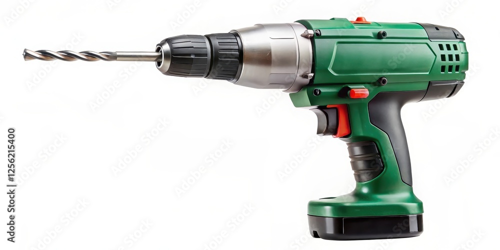Green Cordless Drill with Drill Bit on White Background Green Cordless Drill with Drill Bit on White Background
