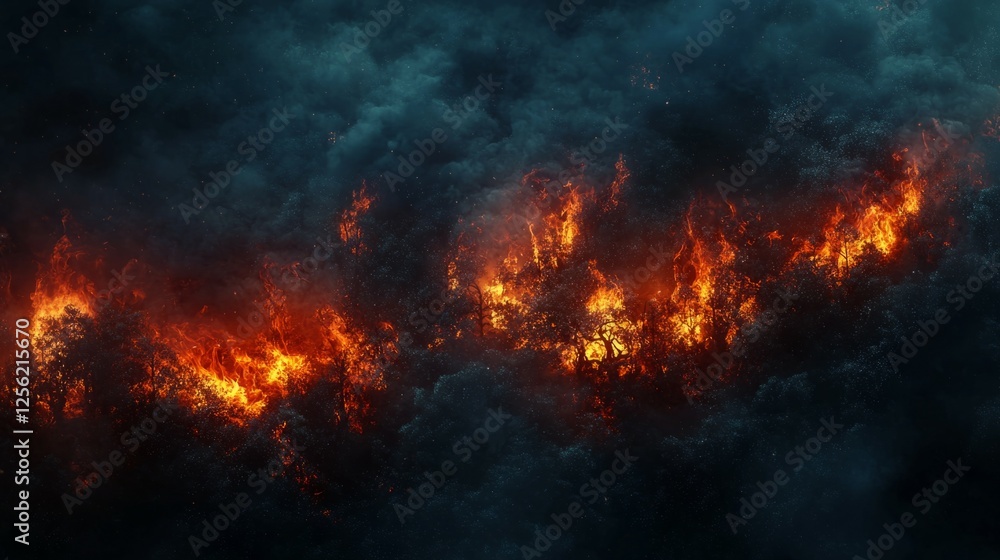 Intense Flames Erupting in Dark Smoky Forest Landscape at Night Intense Flames Erupting in Dark Smoky Forest Landscape at Night