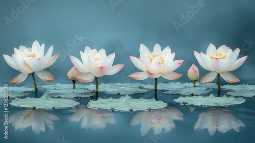 Serene lotus flowers reflected in calm blue water, ideal for spa/yoga themes