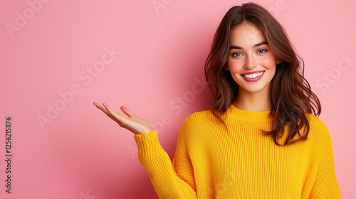 Wallpaper Mural Confident Young Woman in Yellow Sweater with Laptop Against Pink Background Torontodigital.ca