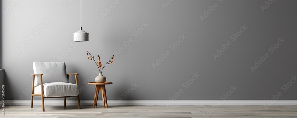 Obraz premium Minimalist gray interior featuring armchair, side table, hanging lamp, and blank wall for product presentation.