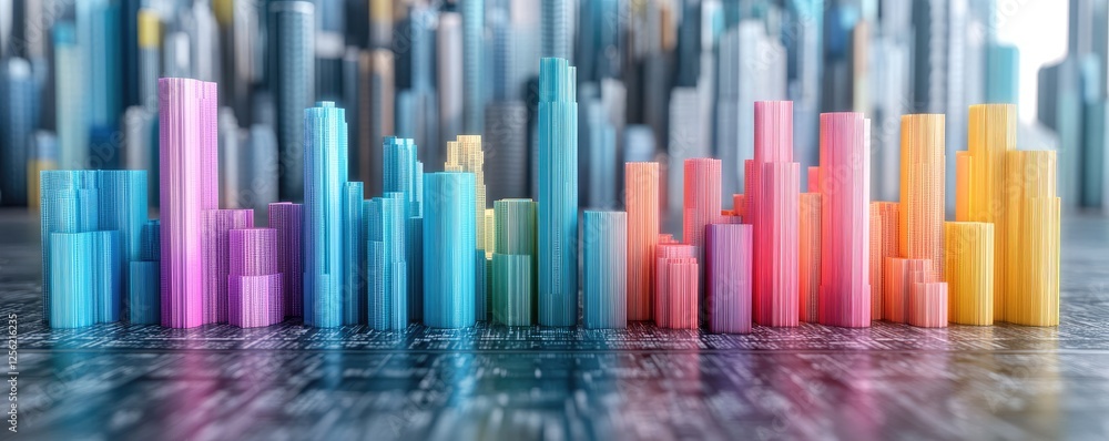 Colorful city skyline data graph; future tech