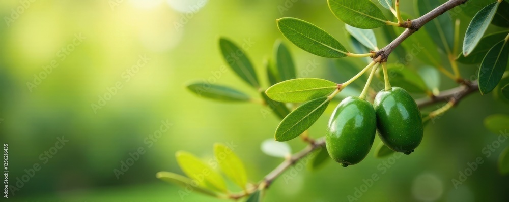 Olive tree with lush green leaves and a few olives hanging from its tip, farm, branch Olive tree with lush green leaves and a few olives hanging from its tip, farm, branch