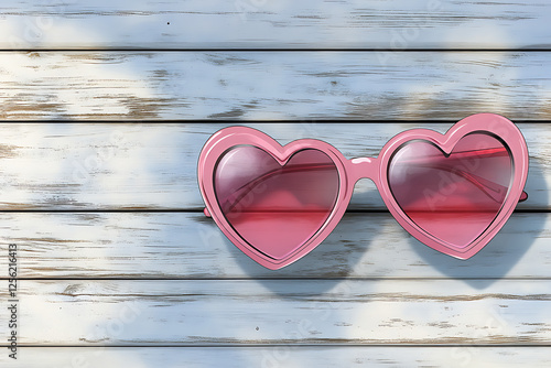 Heart-shaped pink sunglasses resting on a weathered wooden surface with soft shadows in the background photo