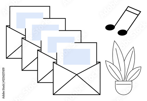 Envelopes arranged in a row with visible letters sticking out. Nearby, a musical note and a small potted plant. Ideal for communication, correspondence, messaging, music, nature, organization