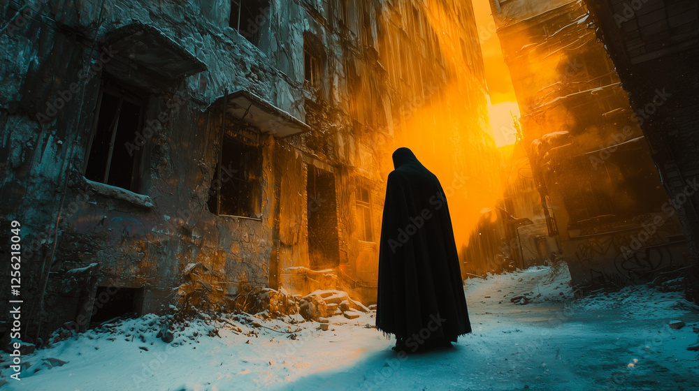 A cloaked figure stands in a snowy abandoned alley illuminated by dramatic orange sunlight and decaying urban ruins A cloaked figure stands in a snowy abandoned alley illuminated by dramatic orange sunlight and decaying urban ruins