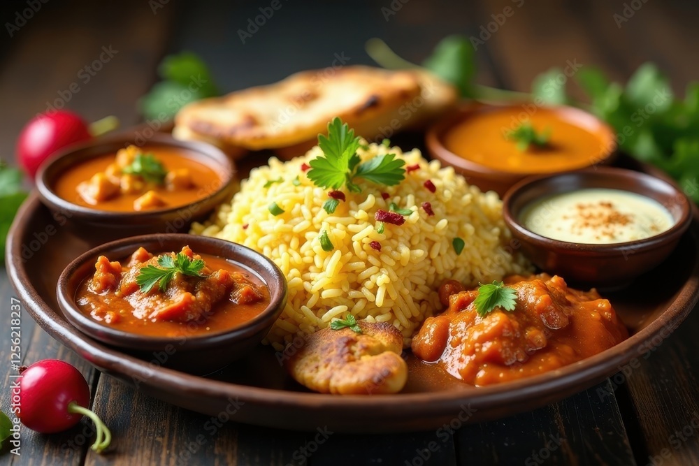 Fototapeta premium Aromatic Spiced Cuisine Platter Featuring Diverse Curries, Fluffy Rice, and Warm Flatbreads