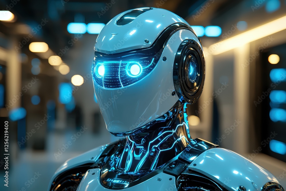 Futuristic humanoid robot in high-tech environment close-up view digital art concept Futuristic humanoid robot in high-tech environment close-up view digital art concept