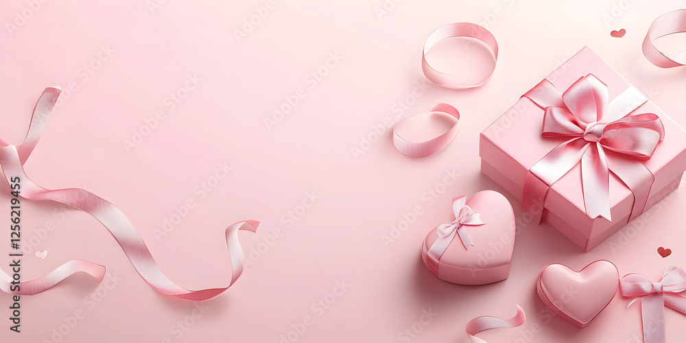 Obraz premium Pink Gift Box and Heart-Shaped Decorations with Ribbons