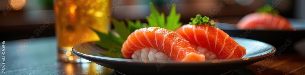 Plate of salmon tuna and scallop sushi under night light in the background of a glass of beer, tuna, seafood Plate of salmon tuna and scallop sushi under night light in the background of a glass of beer, tuna, seafood