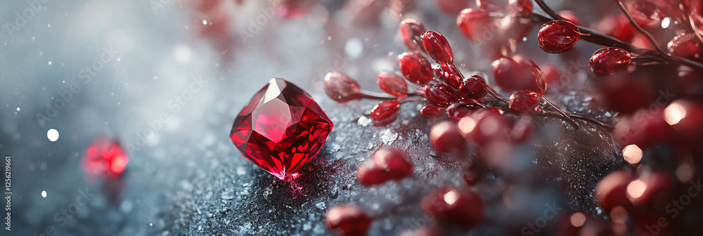 Charming ruby gemstone glows amid delicate red blooms on a silver-textured background Charming ruby gemstone glows amid delicate red blooms on a silver-textured background
