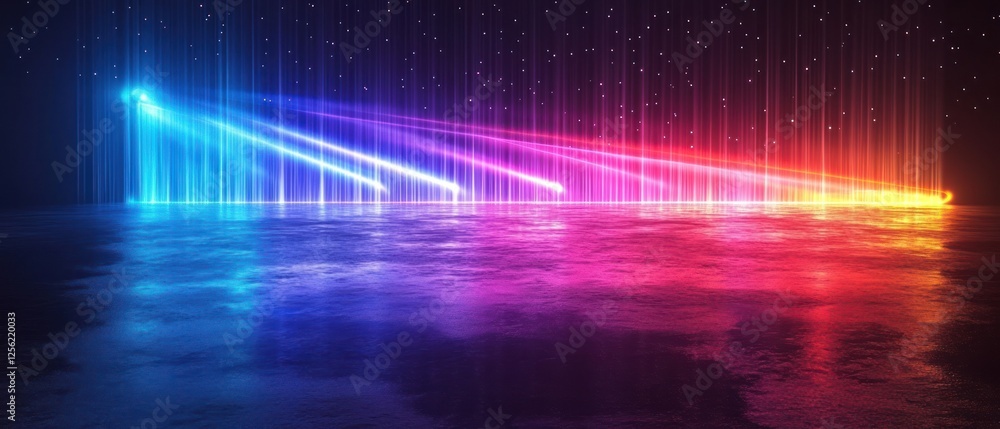 Vibrant light beams reflect on a calm water surface at night, creating a colorful and serene atmosphere Vibrant light beams reflect on a calm water surface at night, creating a colorful and serene atmosphere