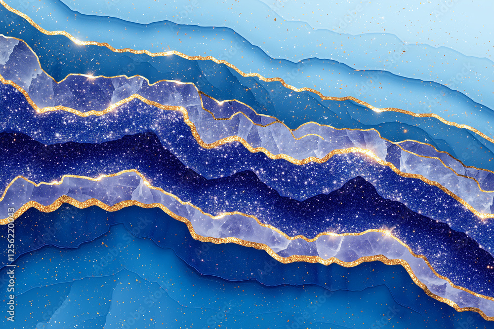 Fototapeta premium Sapphire Geode Abstract: Luxurious abstract artwork featuring a vibrant sapphire blue geode with shimmering golden veins, creating a mesmerizing and elegant design. 