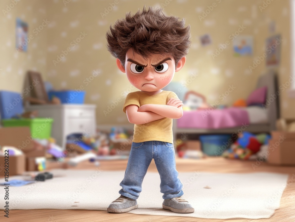 Upset child in messy room expressing frustration Upset child in messy room expressing frustration