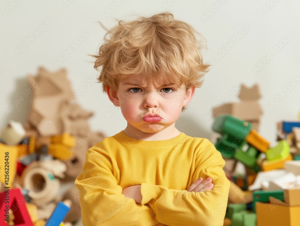 Fototapeta premium Upset child in yellow shirt surrounded by colorful building blocks