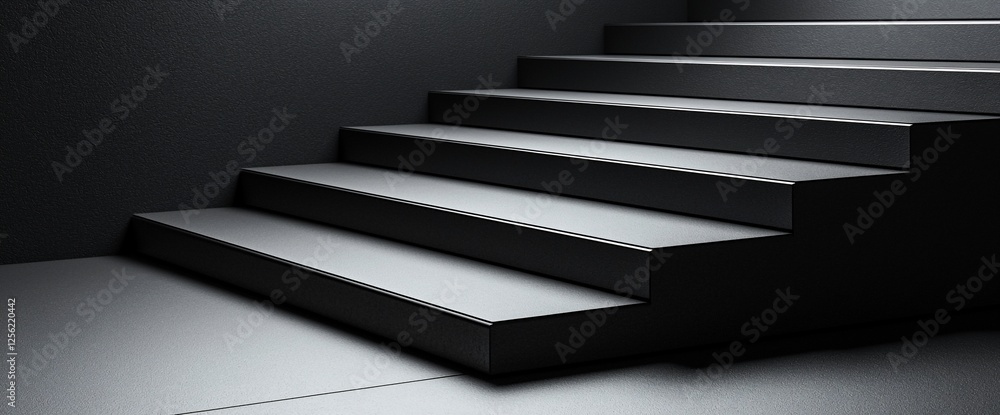 Dark grey stairs ascending in a minimalist interior. Dark grey stairs ascending in a minimalist interior.