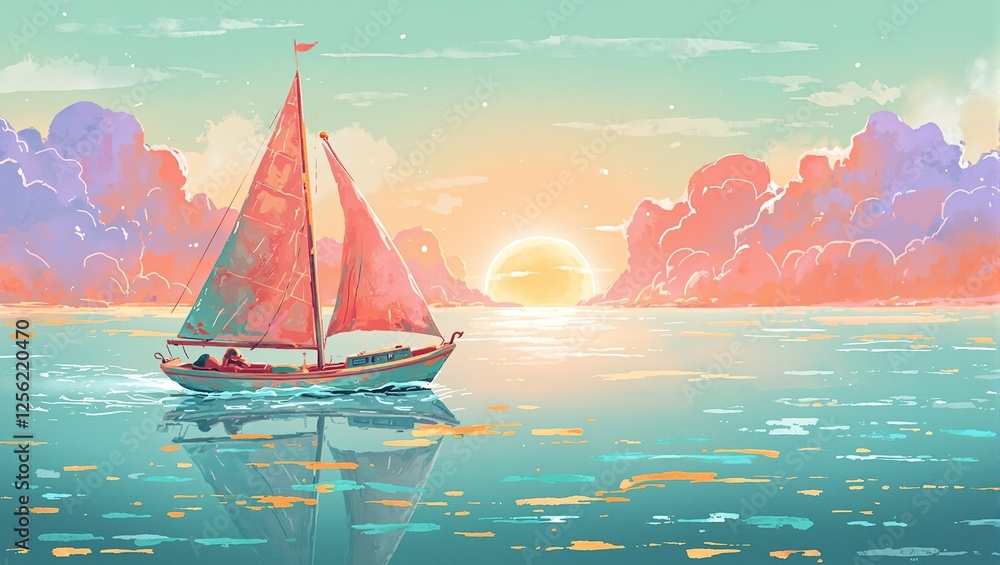 Naklejka premium Sailboat sailing on calm seas against a peachy lavender sunset Vivid teal coral and gold hues create a whimsical serene scene