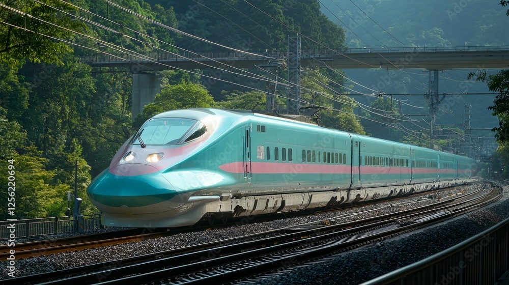Fototapeta premium Streamlined High-Speed Train Traveling Through Lush Green Landscape