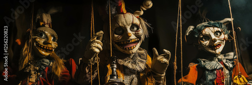 Distorted puppets in a creepy puppet show with eerie music creating an unsettling atmosphere