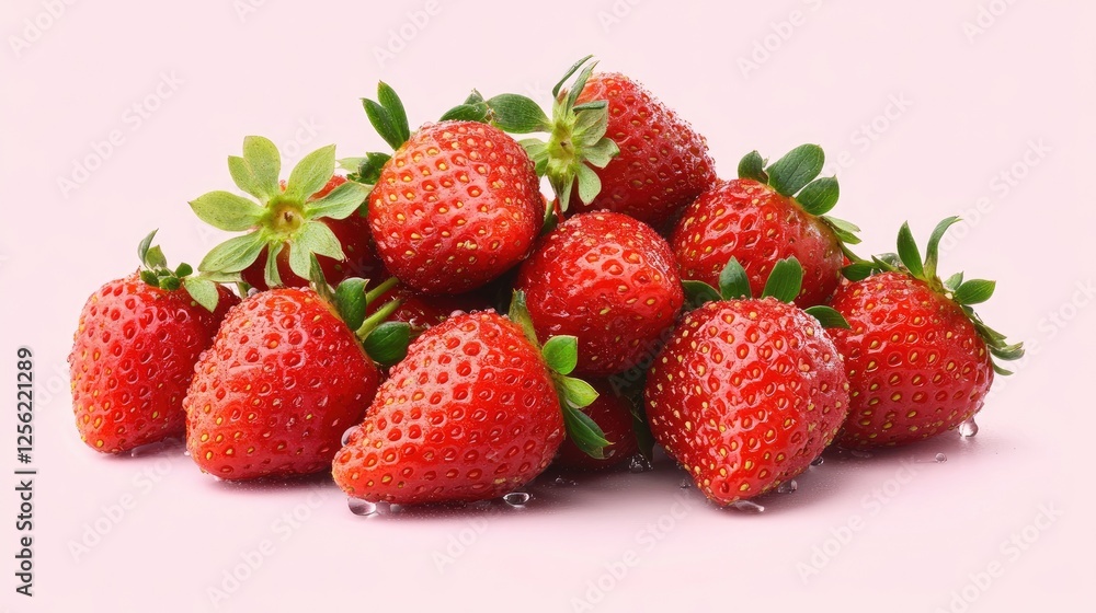 A pile of ripe strawberries with water droplets on a clean, pale pink background. A pile of ripe strawberries with water droplets on a clean, pale pink background.