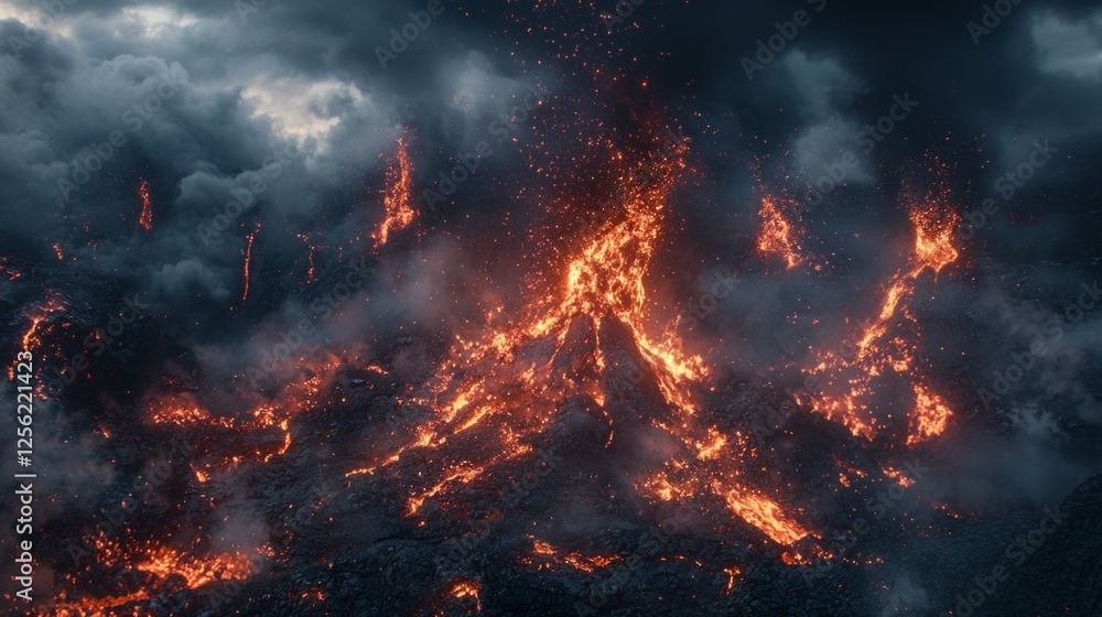 Molten Lava Erupting from Volcano Against Dark Stormy Sky Molten Lava Erupting from Volcano Against Dark Stormy Sky