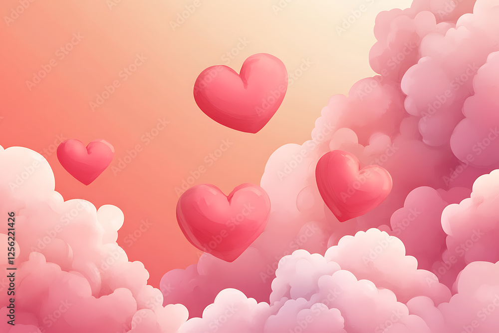 Floating pink hearts among soft pastel clouds at sunset, creating a dreamy romantic atmosphere Floating pink hearts among soft pastel clouds at sunset, creating a dreamy romantic atmosphere