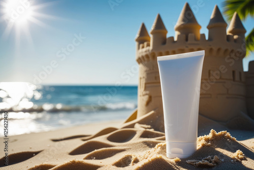 White sunscreen tube and sand castle on beach on ocean sunligh tbackground. Sun protection in vacation. AI generated photo