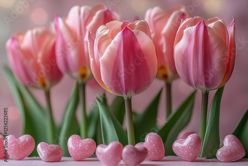 Pink tulips with heart candies on a bokeh background, ideal for Valentine's Day projects