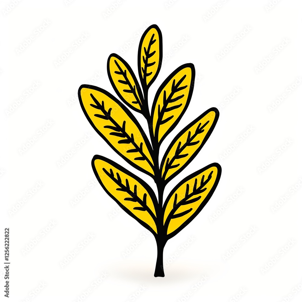 Minimalistic Illustration of a Yellow Branch with Leaves on White Minimalistic Illustration of a Yellow Branch with Leaves on White