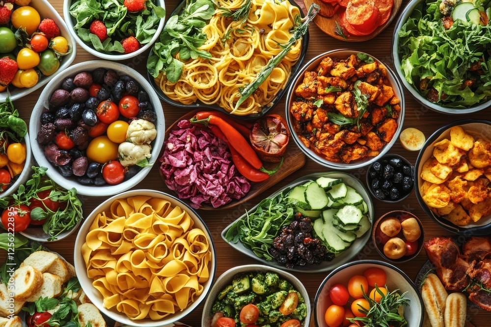 Delicious food bowls covering a wooden table for national salad month Delicious food bowls covering a wooden table for national salad month