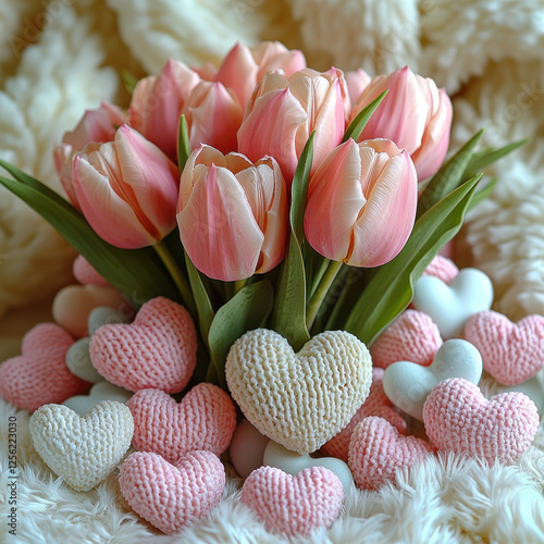 Pink tulips and hearts on soft blanket, ideal for Valentine's or Mother's Day