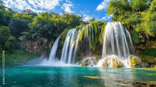 Majestic Waterfall Cascading into Tranquil Blue Pool Under Sky