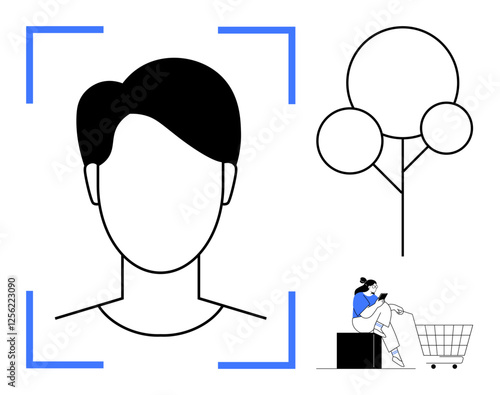 Face recognition frame, abstract tree, woman shopping online. Ideal for digital identity, technology, environmental sustainability, consumer behavior, online shopping, modern lifestyle minimalism