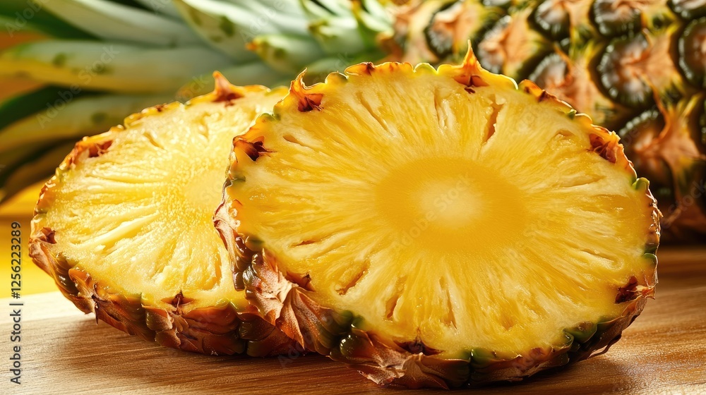 A slice of fresh pineapple against a warm yellow background, showcasing its tropical essence. A slice of fresh pineapple against a warm yellow background, showcasing its tropical essence.