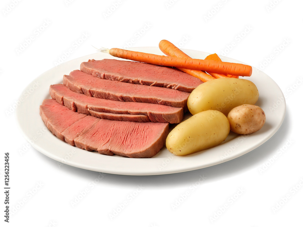 New England Boiled Dinner with tender corned beef, potatoes, and carrots, rich red, brown, New England Boiled Dinner with tender corned beef, potatoes, and carrots, rich red, brown,