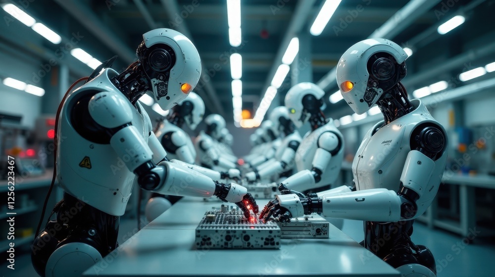 Fototapeta premium Futuristic Robotic Workers Collaborate on Advanced Technological Project in a High-Tech Manufacturing Facility