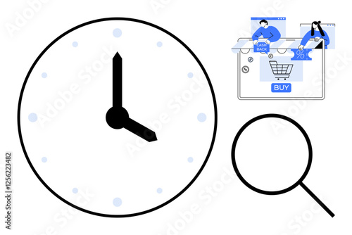 Clock with thick black hands, magnifying glass in bottom right, blue-hued e-commerce icons showing online shopping actions thumbs up Buy and discount tags. Ideal for time management, digital