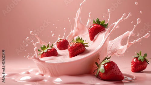 Beautiful summer captured in a splashing drops of soft strawberry milk and scattered fresh strawberries juice liquid.